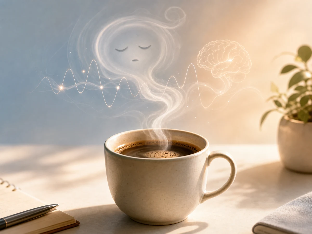 Editorial illustration of a coffee cup with a drowsy face made of steam