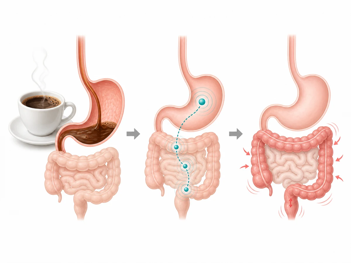 Diagram showing coffee triggering stomach, hormone, and colon responses