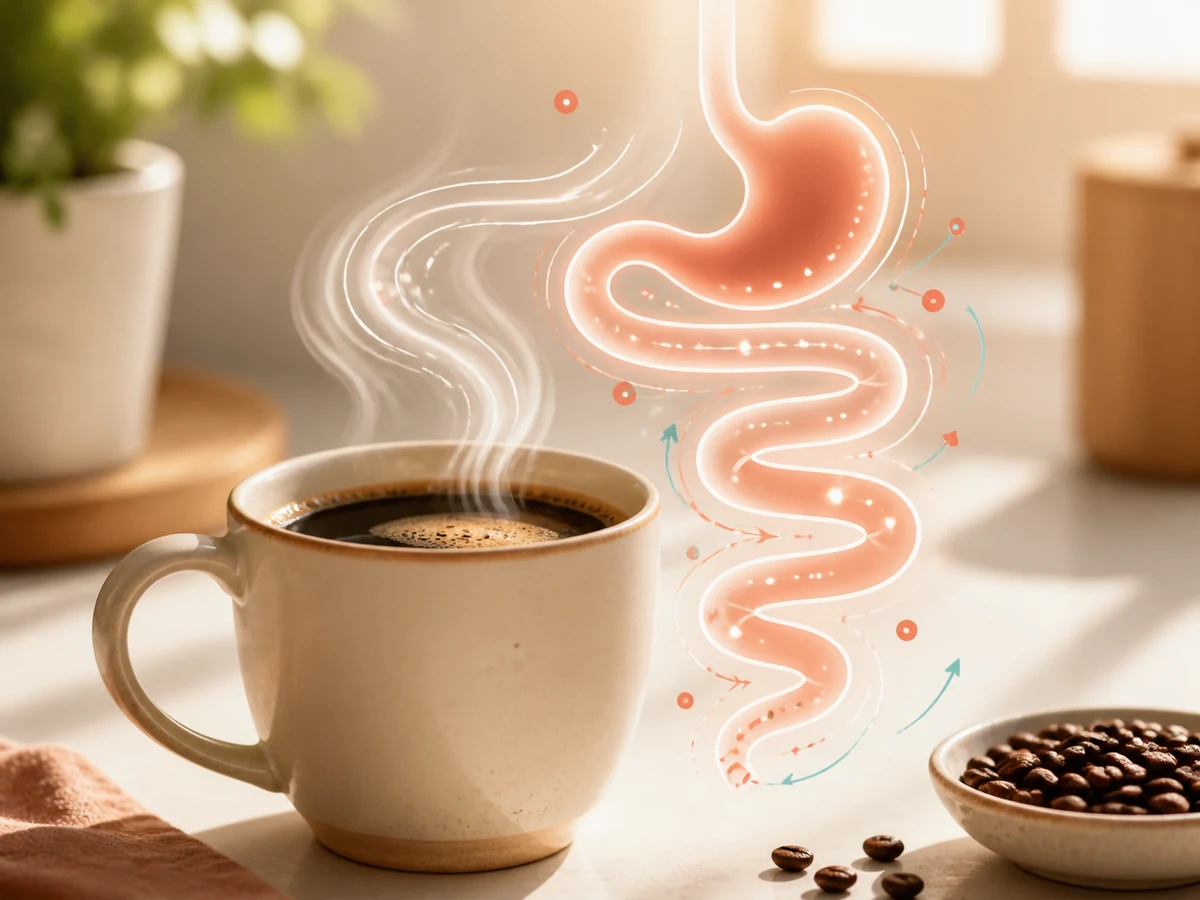 Editorial illustration of a coffee cup with an abstract digestive tract graphic