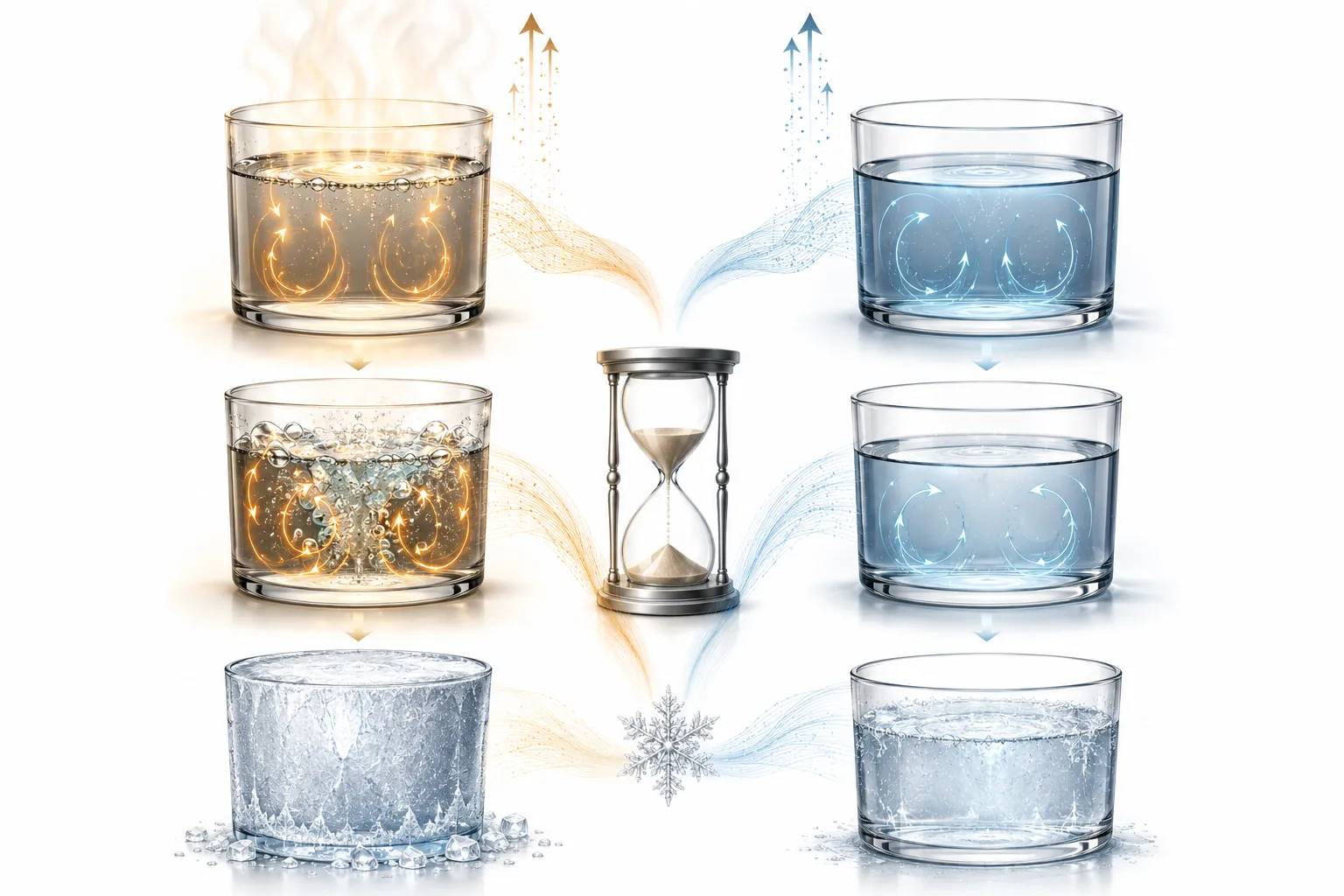 Editorial illustration showing two containers of water racing toward freezing, with the hotter one unexpectedly finishing first