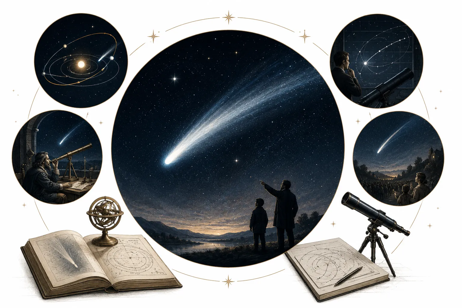 Editorial illustration of Edmond Halley looking through a telescope at a glowing comet above 18th century London