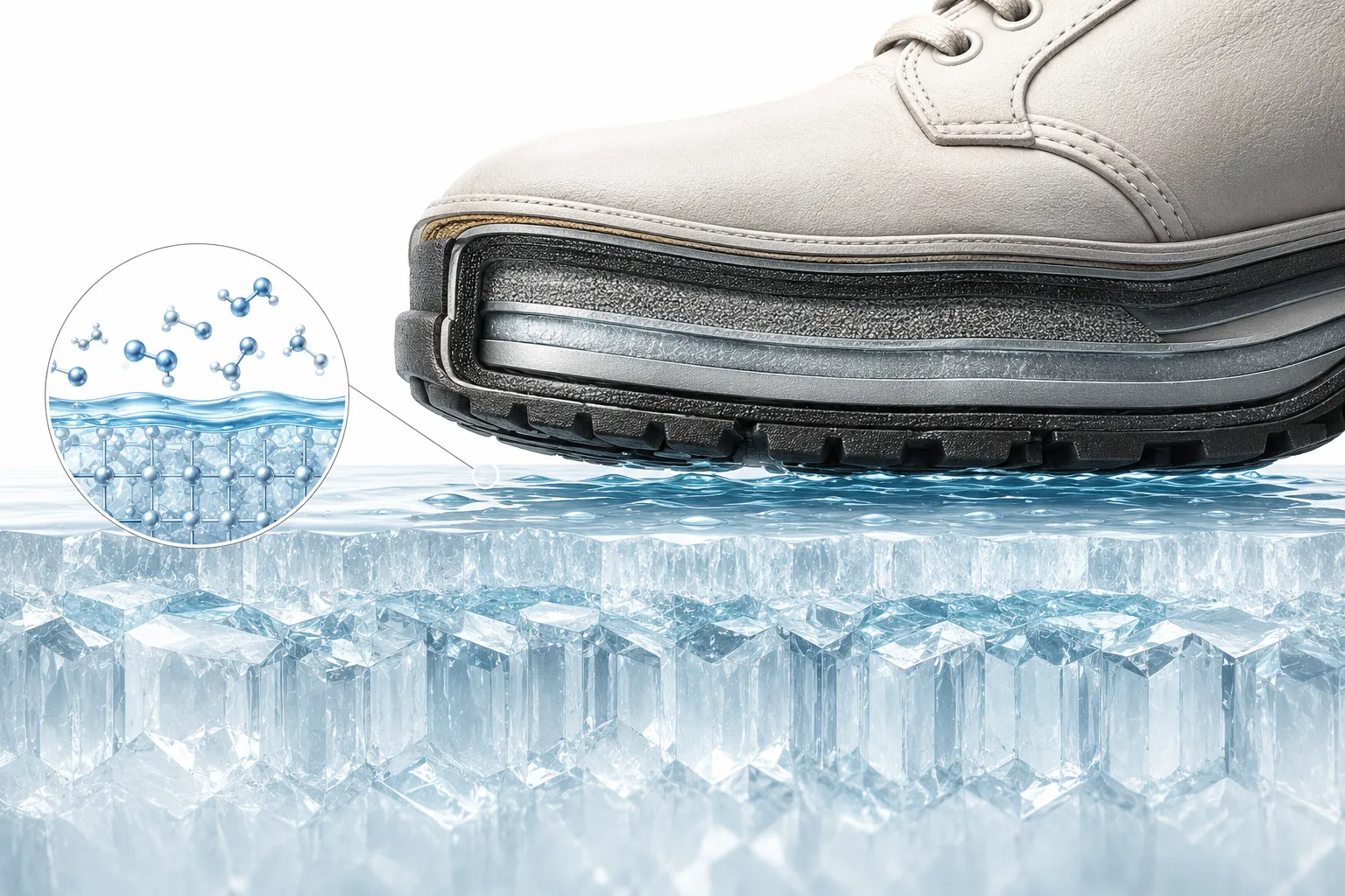 Editorial illustration showing a microscopic water layer on the surface of ice beneath a person's shoe