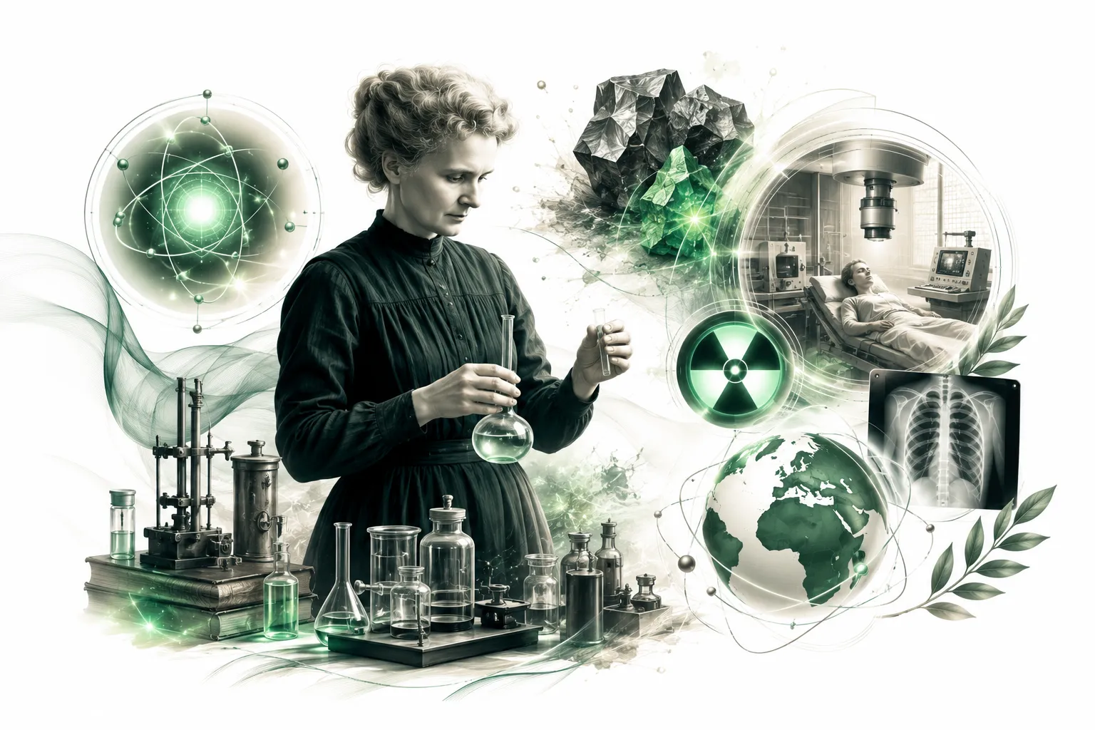 Editorial illustration of Marie Curie in her laboratory holding a glowing test tube