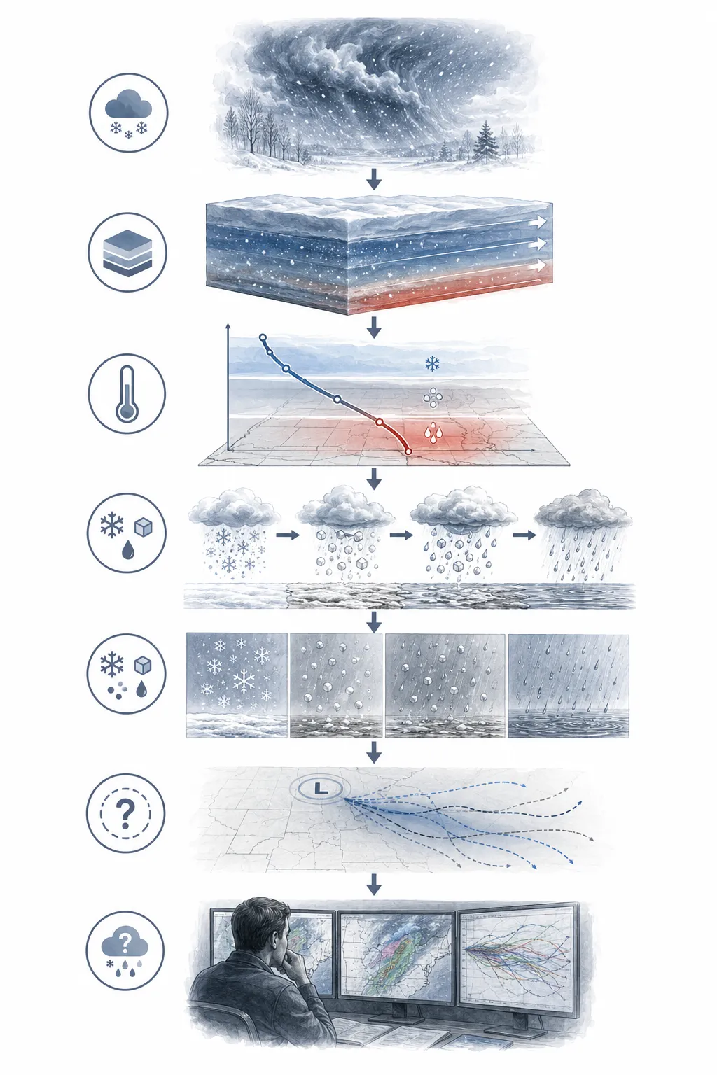Cross-section diagram of the atmosphere showing snow, sleet, freezing rain, and rain layers