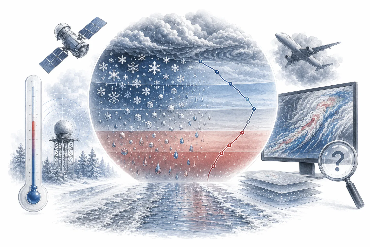 Editorial illustration showing a cross-section of the atmosphere with thin layers of warm and freezing air, turning a snowflake into a raindrop, then into an ice pellet