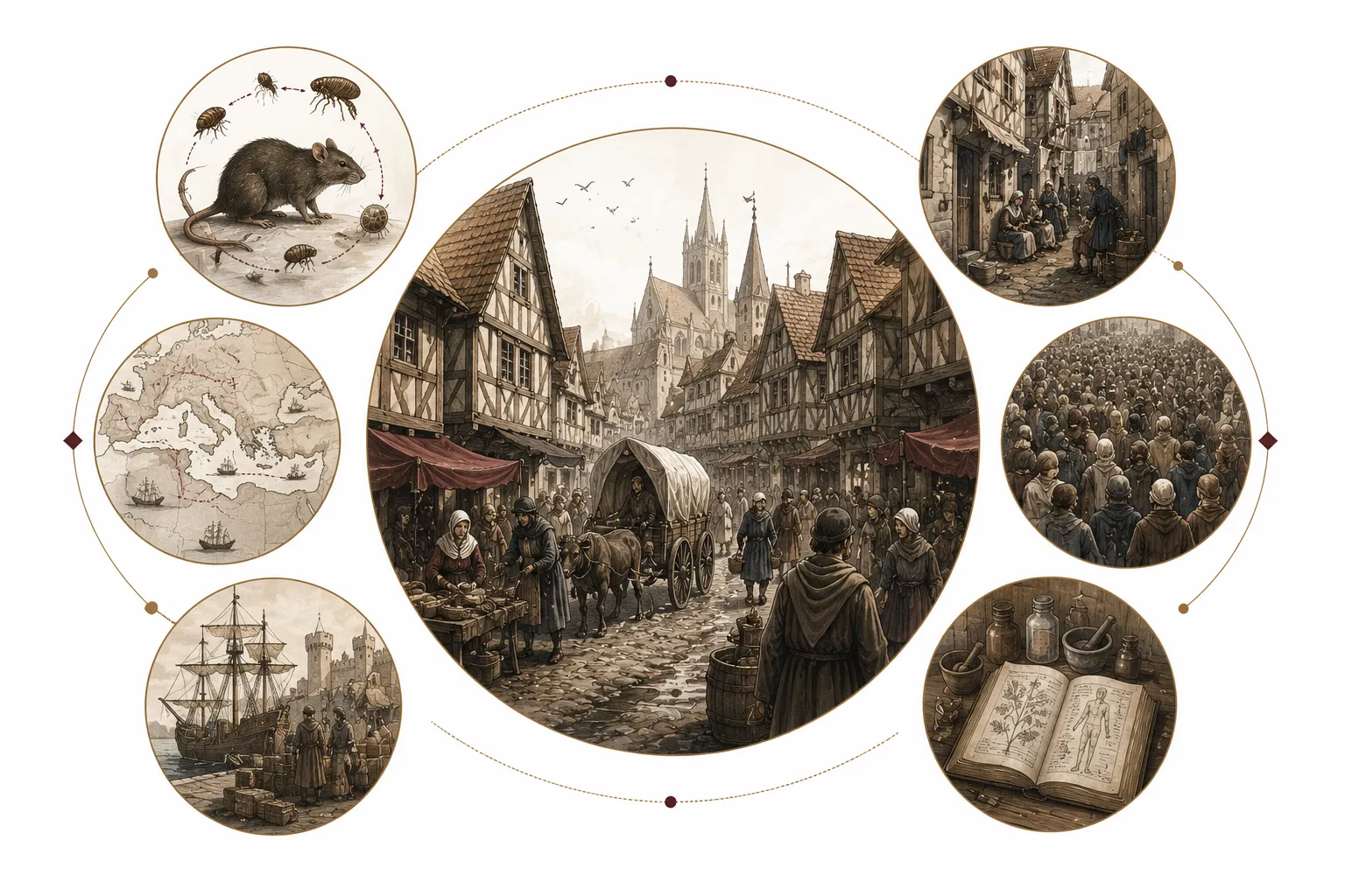 Editorial illustration of a medieval plague doctor standing in a shadowed, empty European street