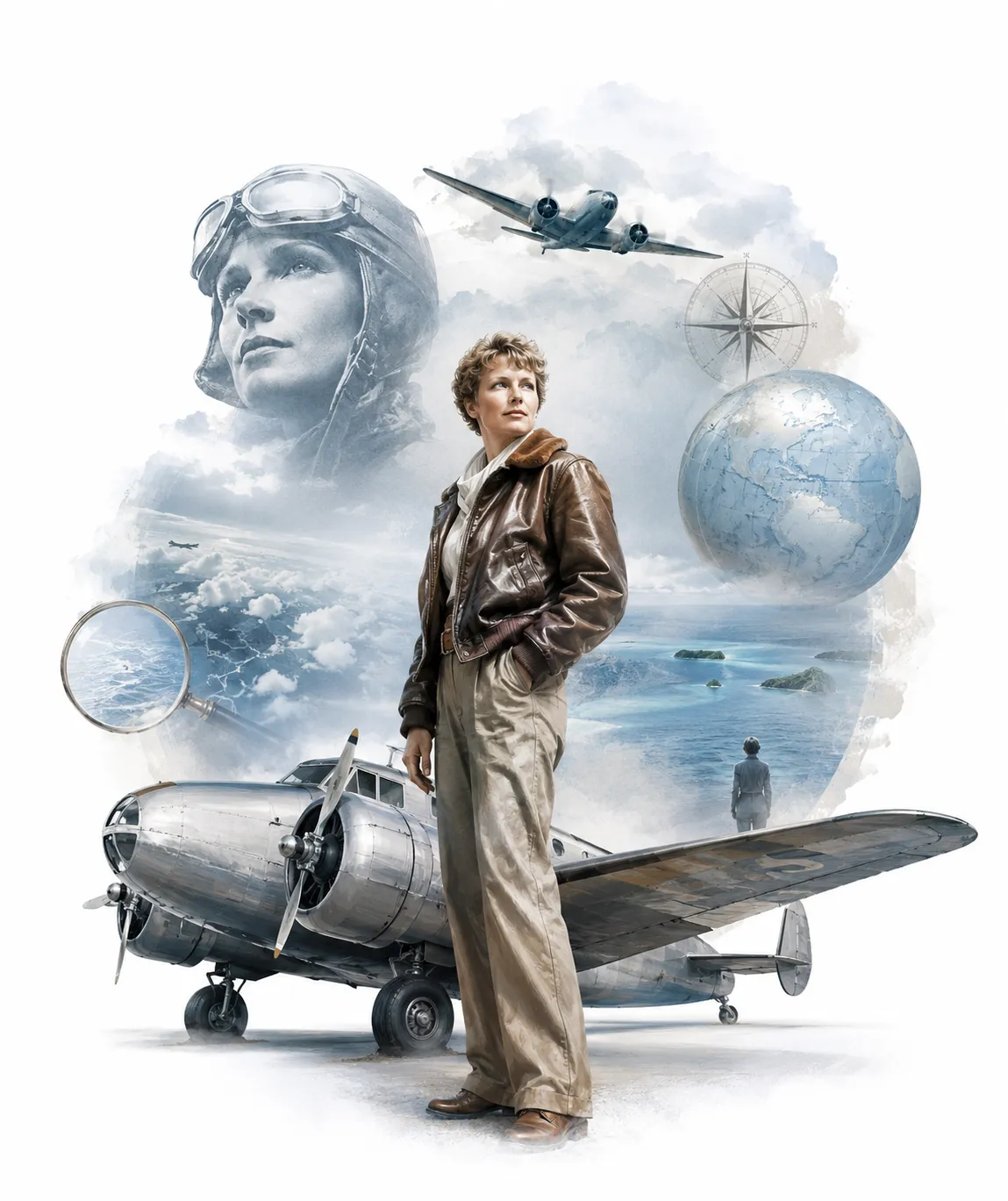 Editorial illustration of Amelia Earhart's plane flying over the Pacific Ocean