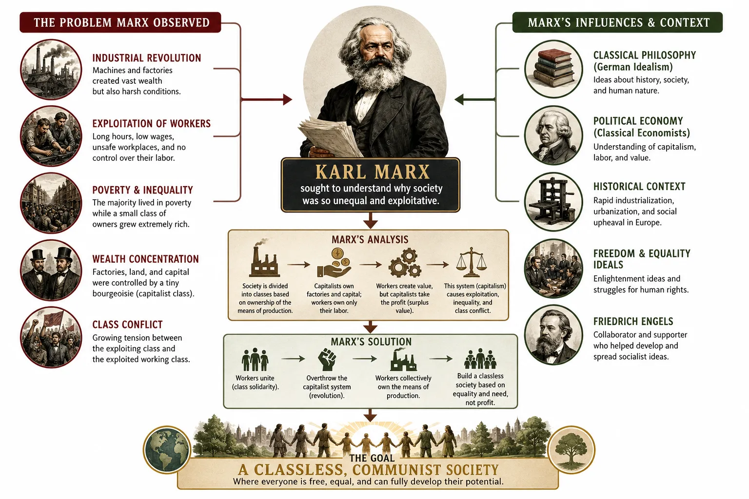 Diagram showing Marx's theory of historical stages from feudalism to capitalism to communism