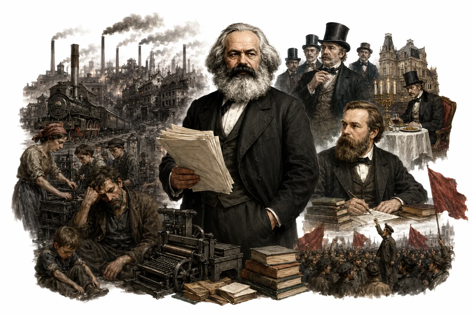 Editorial illustration of Karl Marx writing the Communist Manifesto with factory smokestacks in the background