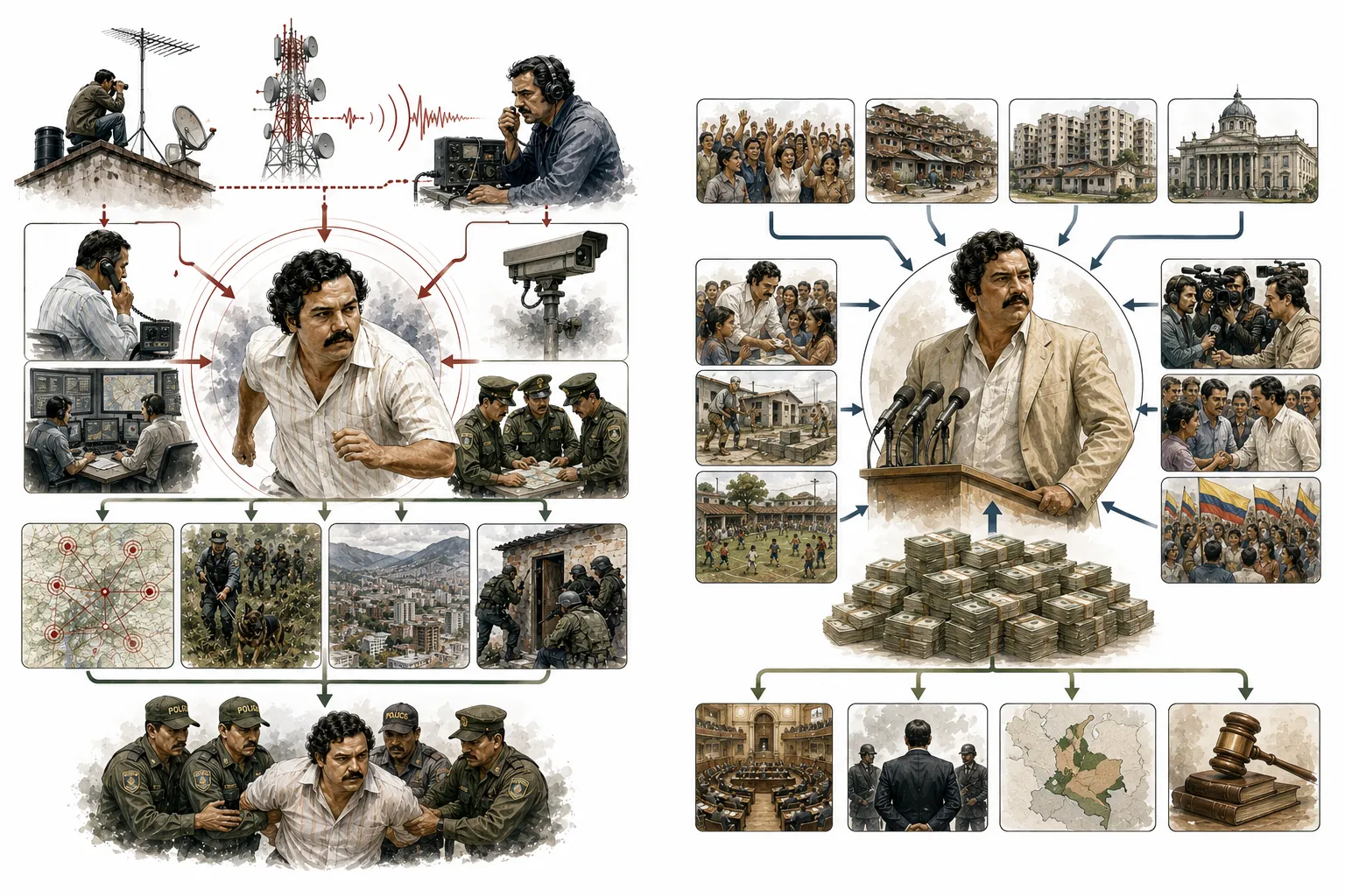 Flow diagram showing how phone calls led to Escobar's location