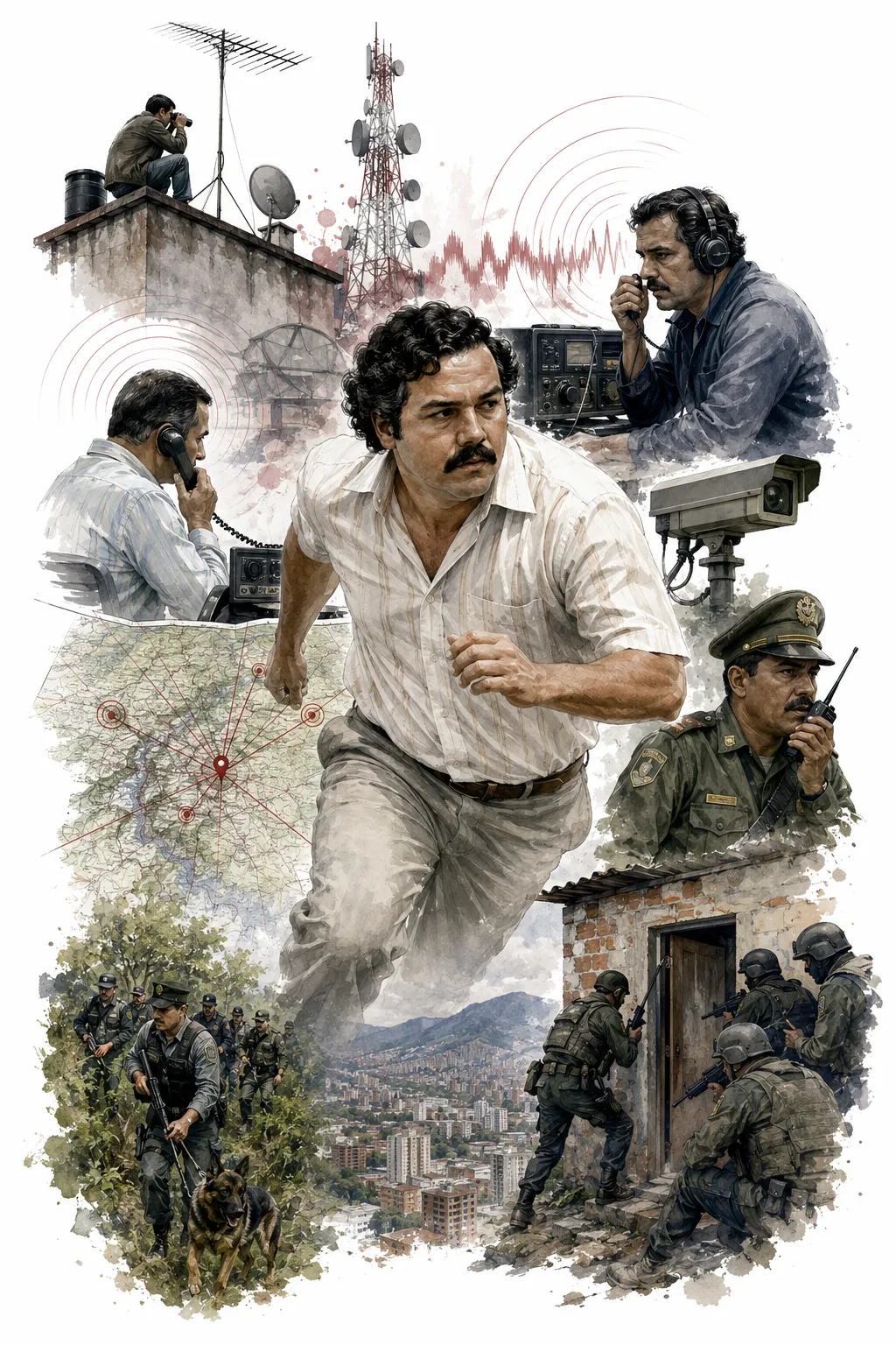 Editorial illustration of Escobar talking on a phone while hiding