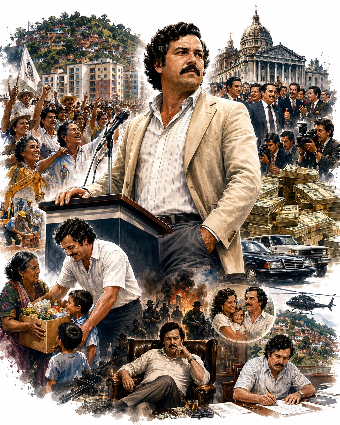 Editorial illustration of Escobar giving a political speech with cocaine in the background