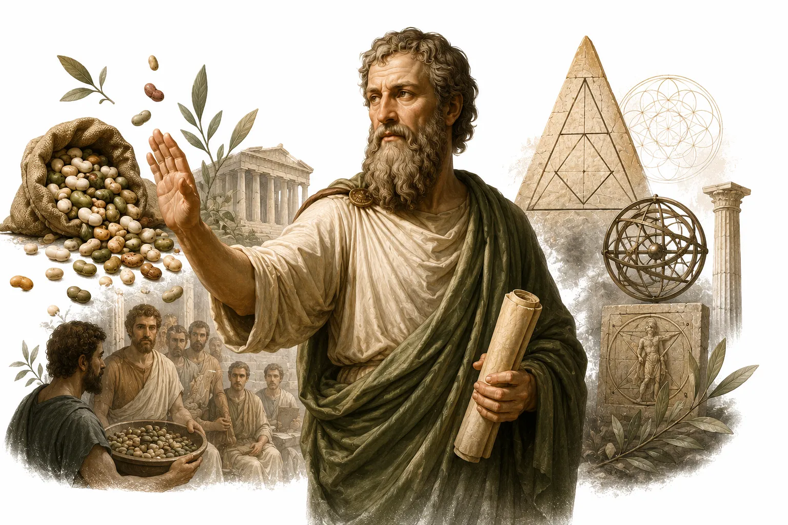 Editorial illustration of Pythagoras refusing to run through a bean field while being chased