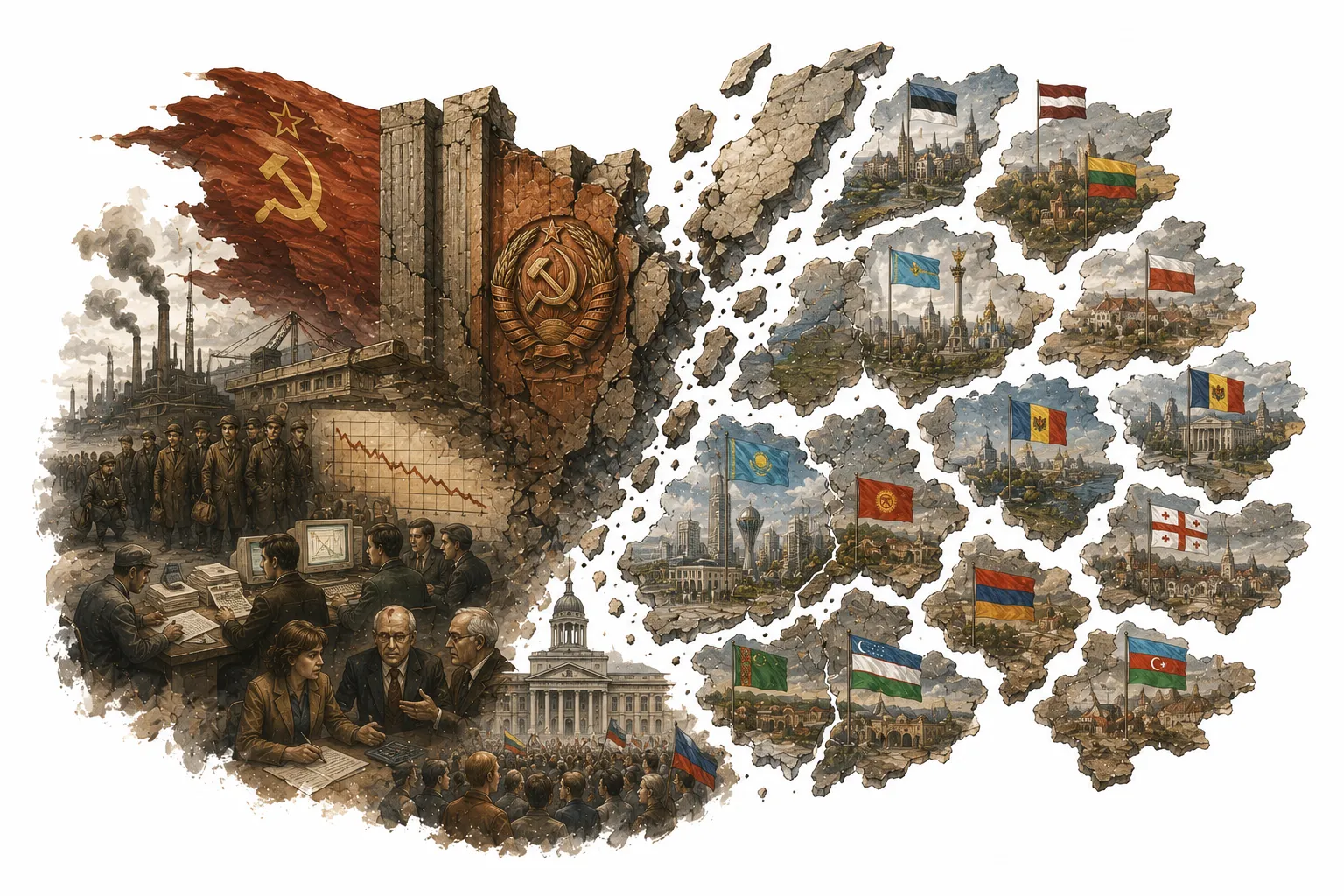 Editorial illustration of the Soviet flag being lowered for the last time