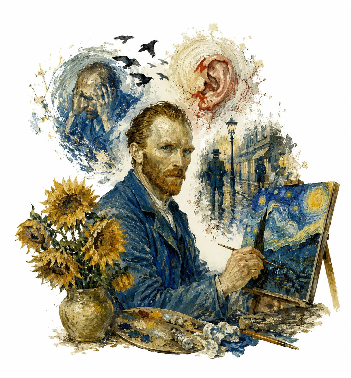 Editorial illustration of Van Gogh's self-portrait with bandaged ear