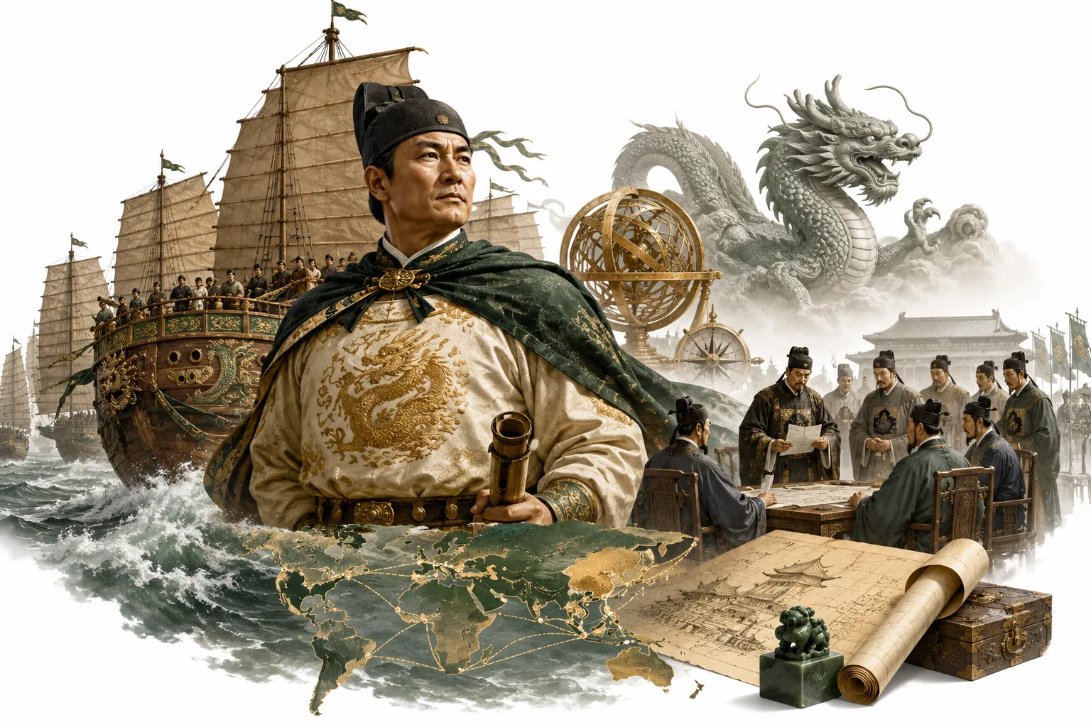 Editorial illustration of Zheng He's treasure fleet at sea