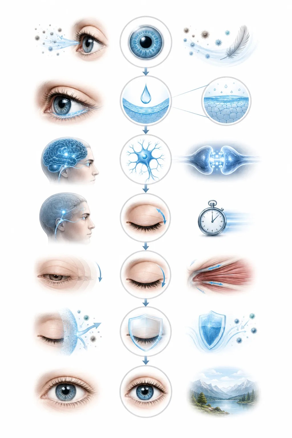 Infographic showing blink rate changes during different activities, blink anatomy, and the brain regions involved