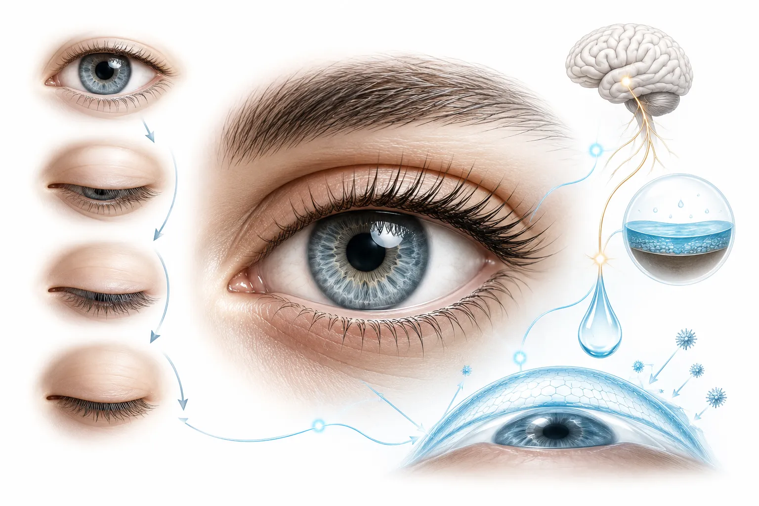Ultra realistic editorial illustration of a close-up human eye mid-blink