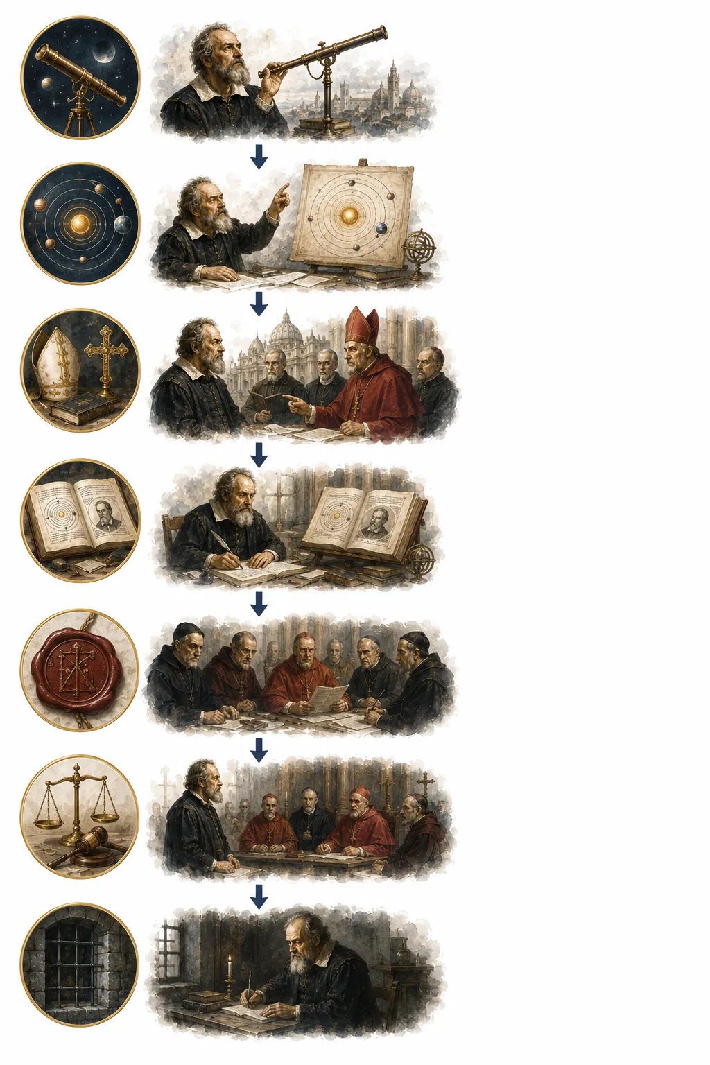 Timeline diagram showing Galileo's 1616 warning through his 1633 conviction