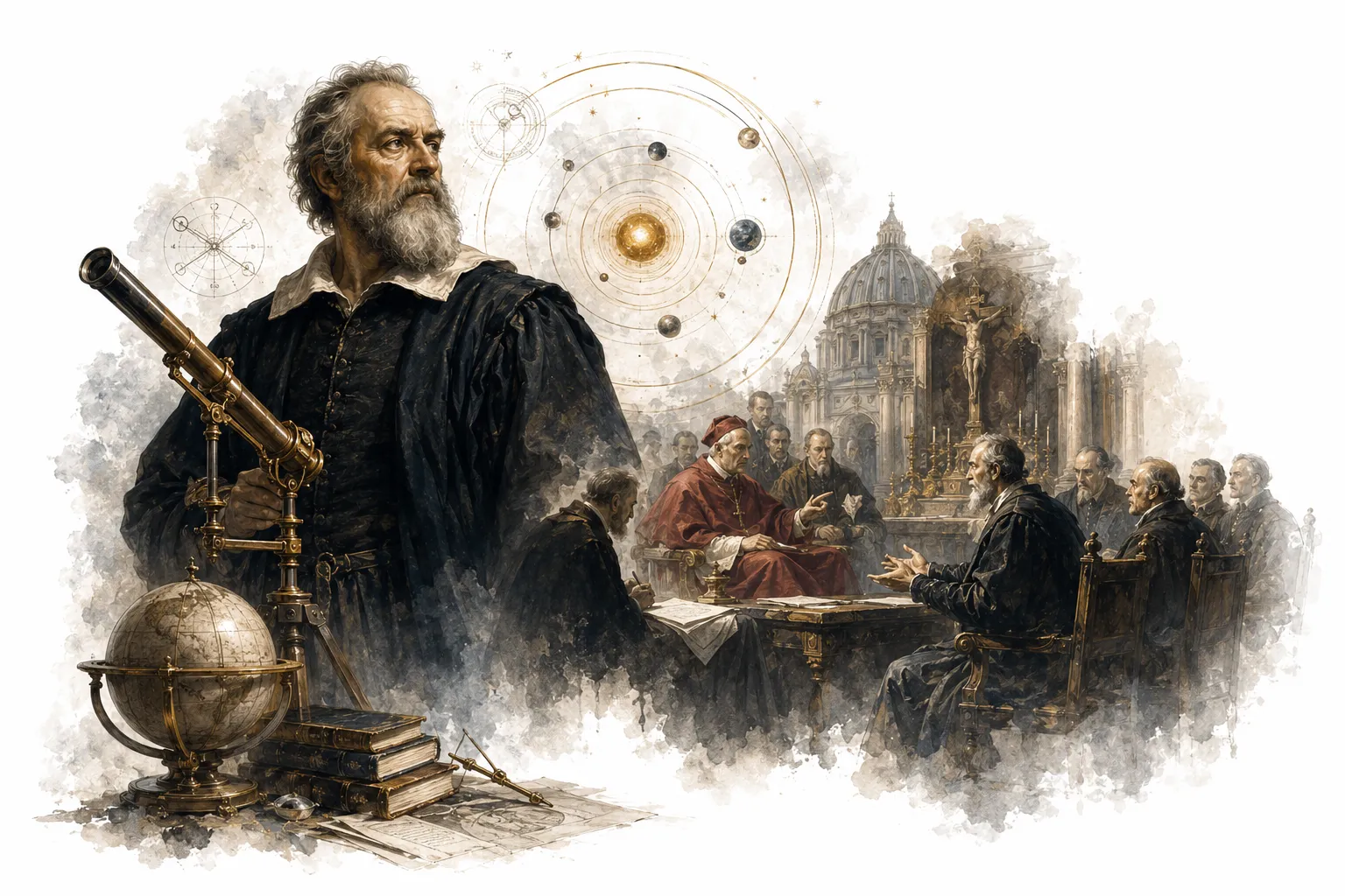 Editorial illustration of Galileo standing before the Roman Inquisition in 1633