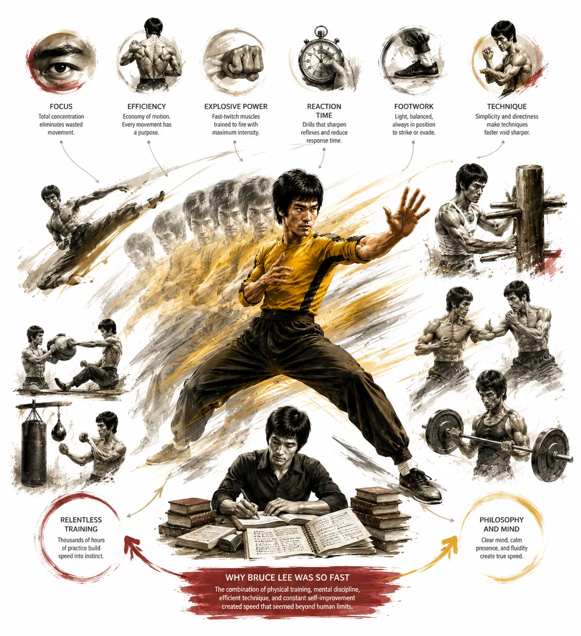Diagram showing the components of Bruce Lee's speed: genetics, repetition, efficiency, and mental conditioning