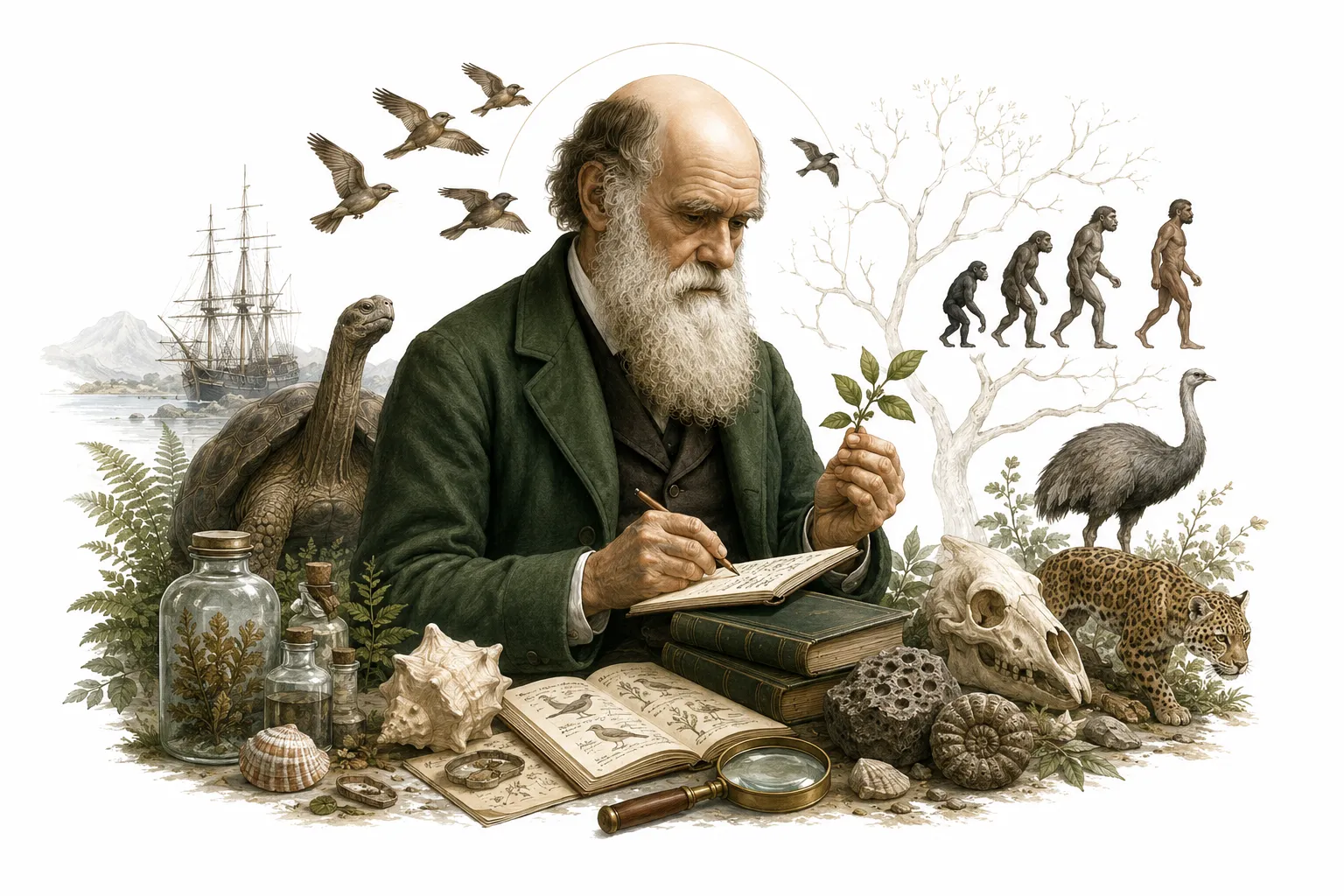 Editorial illustration of Charles Darwin with finches and a tortoise