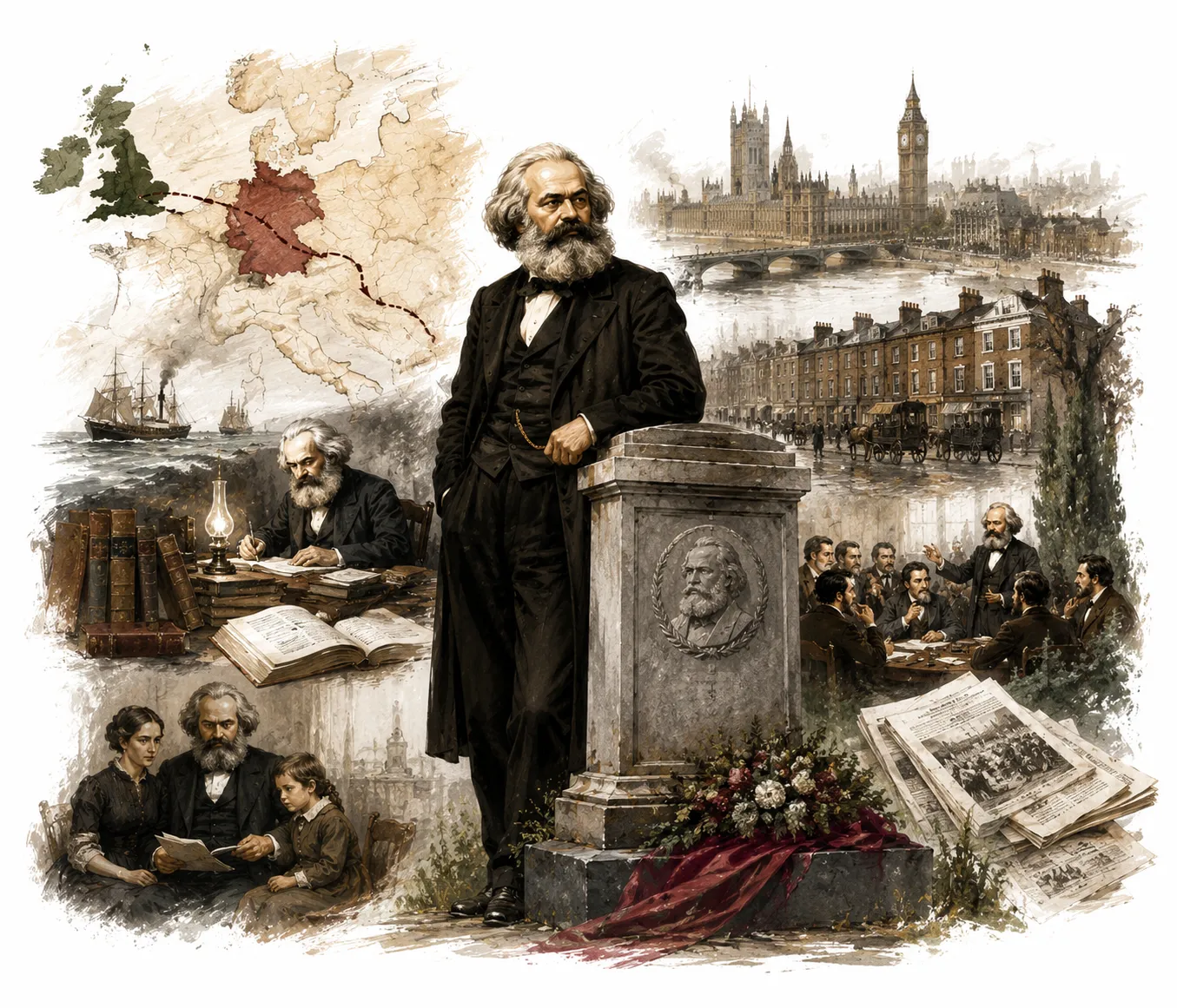 Editorial illustration of Karl Marx's tomb in Highgate Cemetery with the famous bust