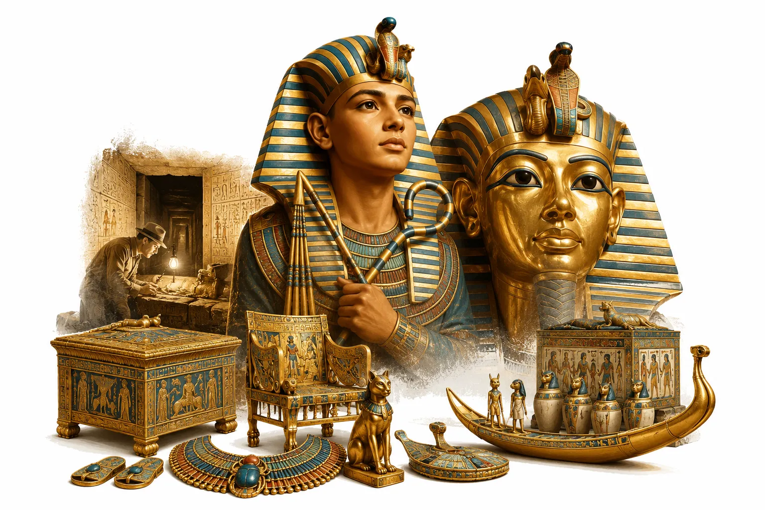 Editorial illustration of King Tut's golden death mask