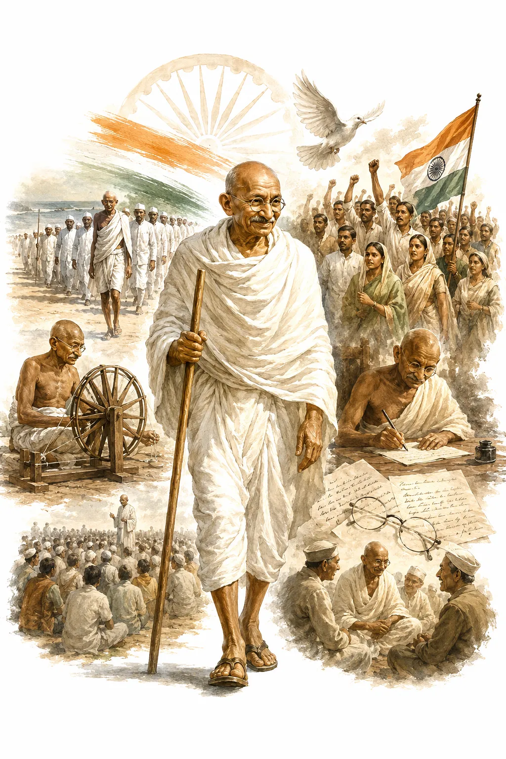 Editorial illustration of Gandhi leading the Salt March