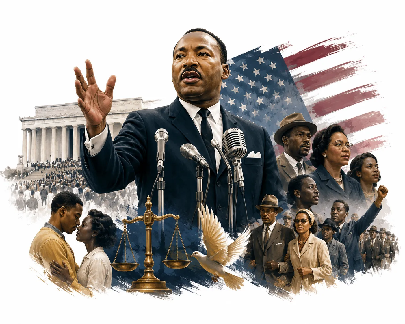 Editorial illustration of Martin Luther King Jr delivering his I Have a Dream speech
