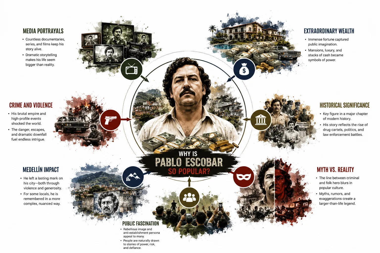 Radial diagram showing the factors contributing to Escobar's popularity