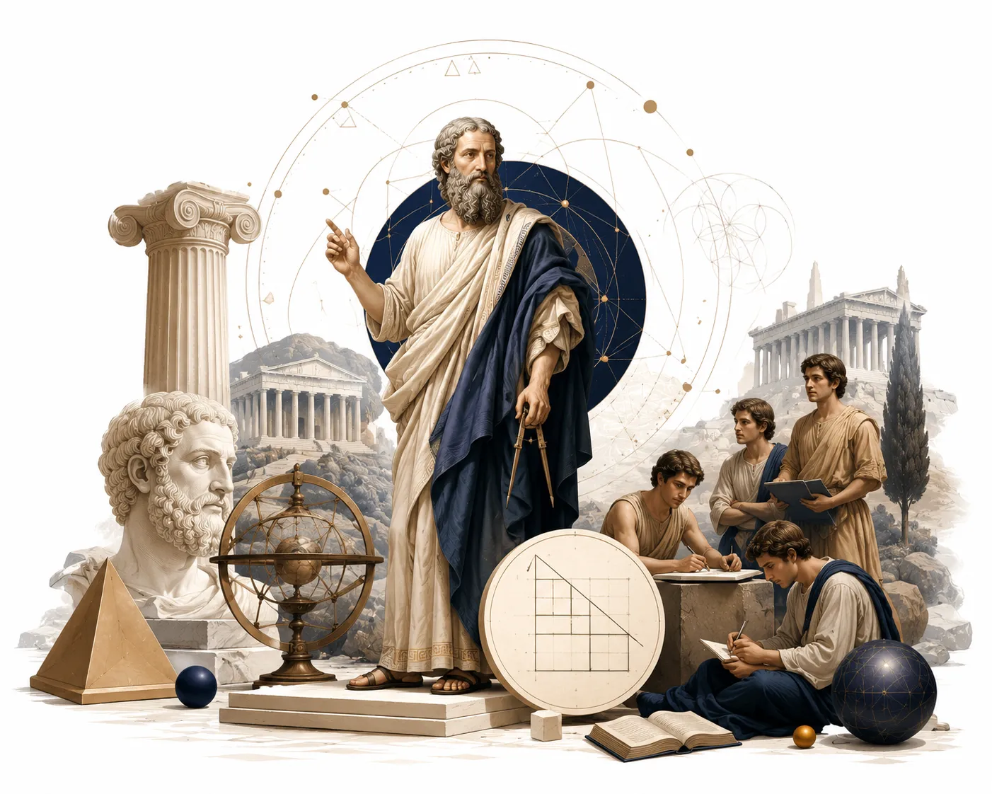 Editorial illustration of Pythagoras writing the Pythagorean theorem with a right triangle
