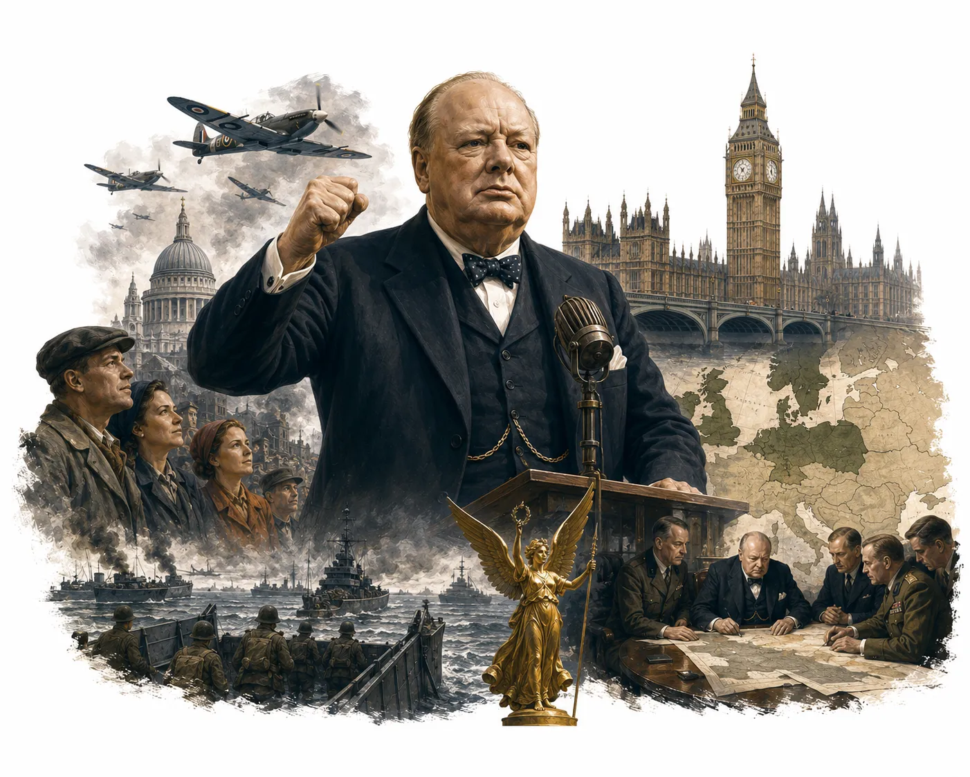 Editorial illustration of Winston Churchill giving his V for victory sign