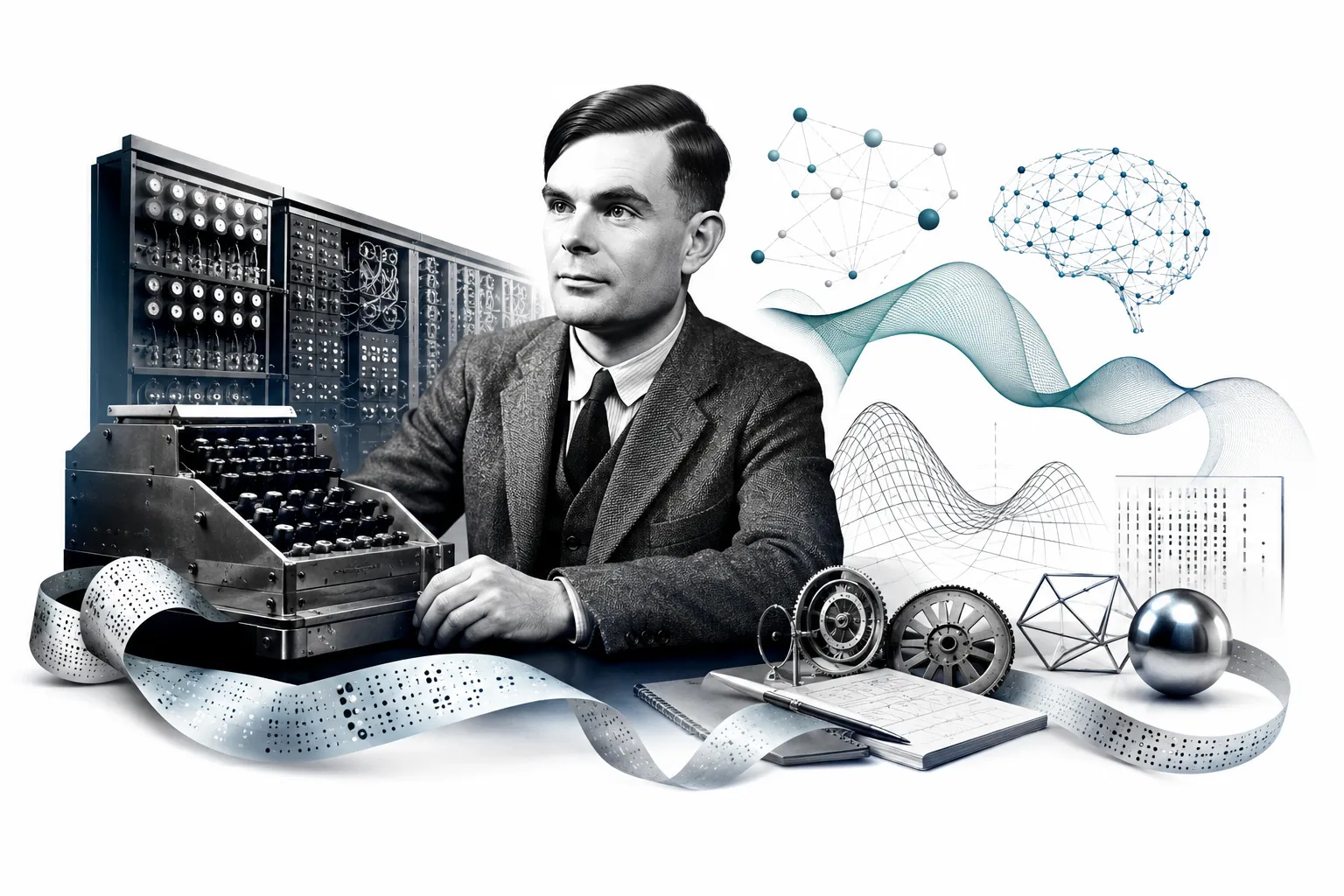 Editorial illustration of Alan Turing in front of a computer and an Enigma machine