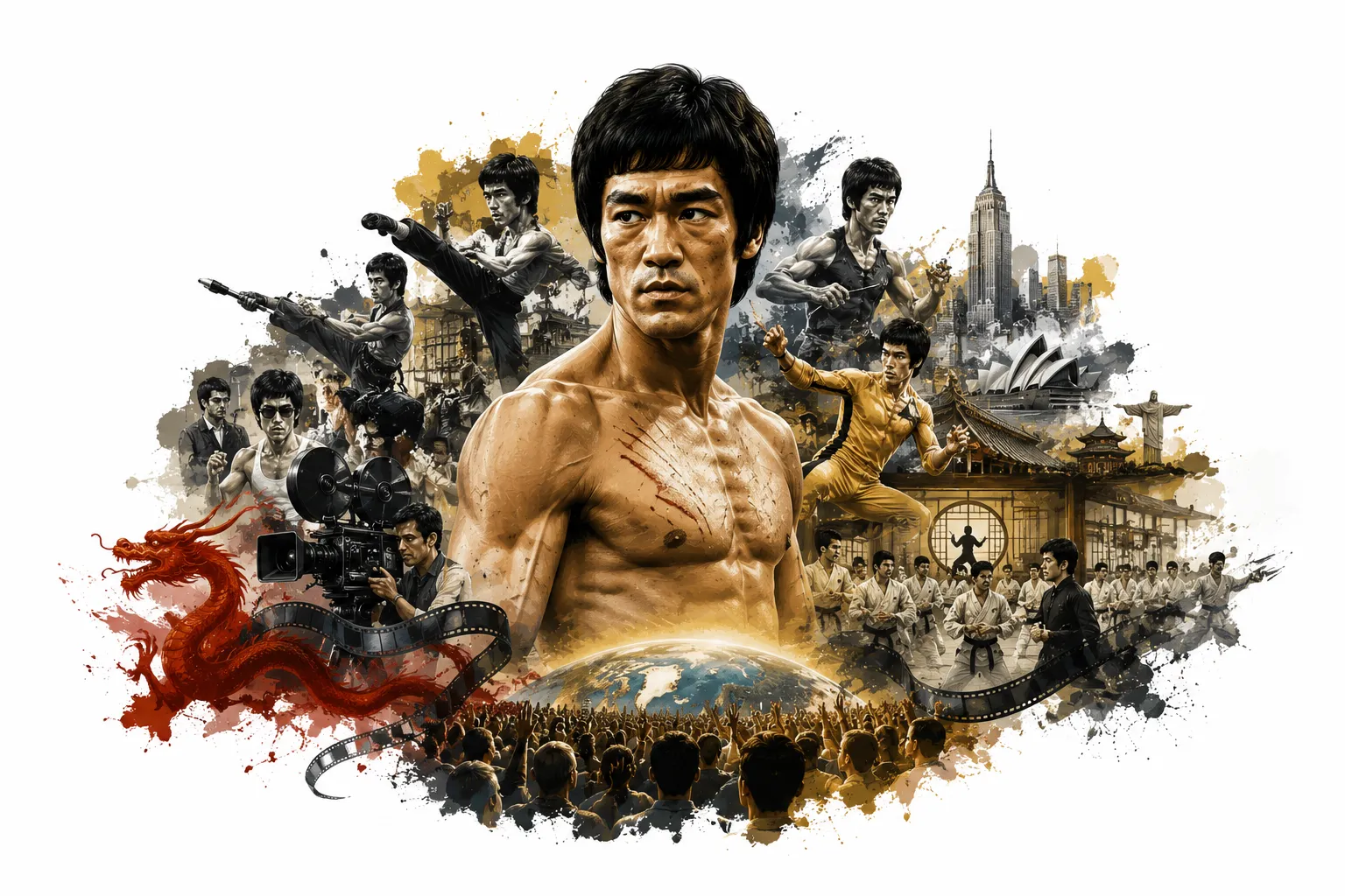 Editorial illustration of Bruce Lee in a dramatic fighting pose with his nunchaku
