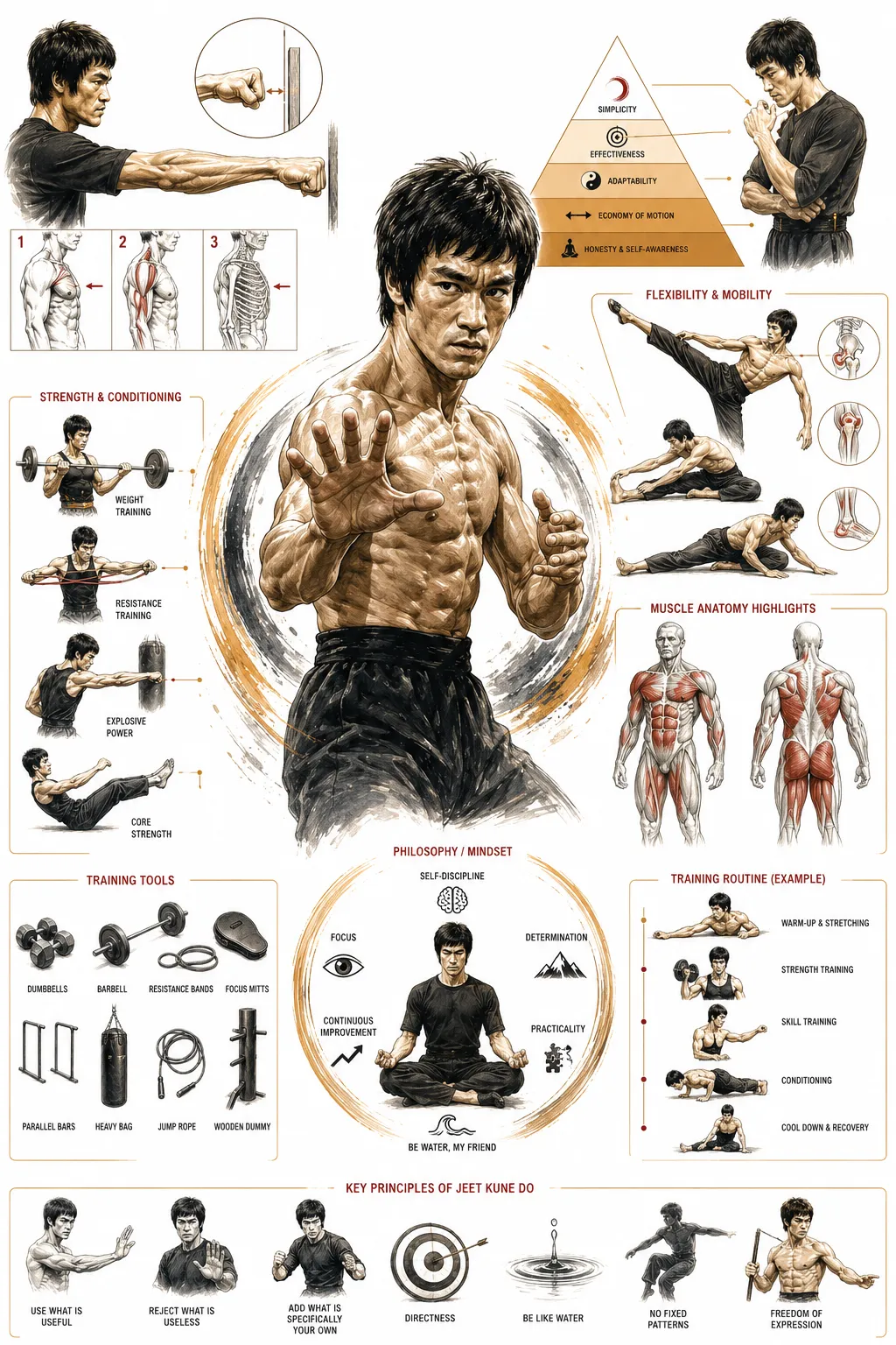 Diagram showing the different elements of Bruce Lee's training regimen