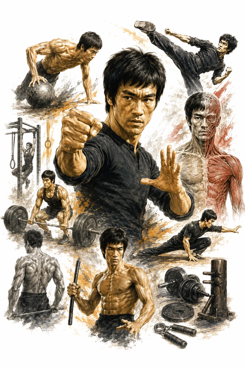 Editorial illustration of Bruce Lee demonstrating a powerful punch with his fists clenched