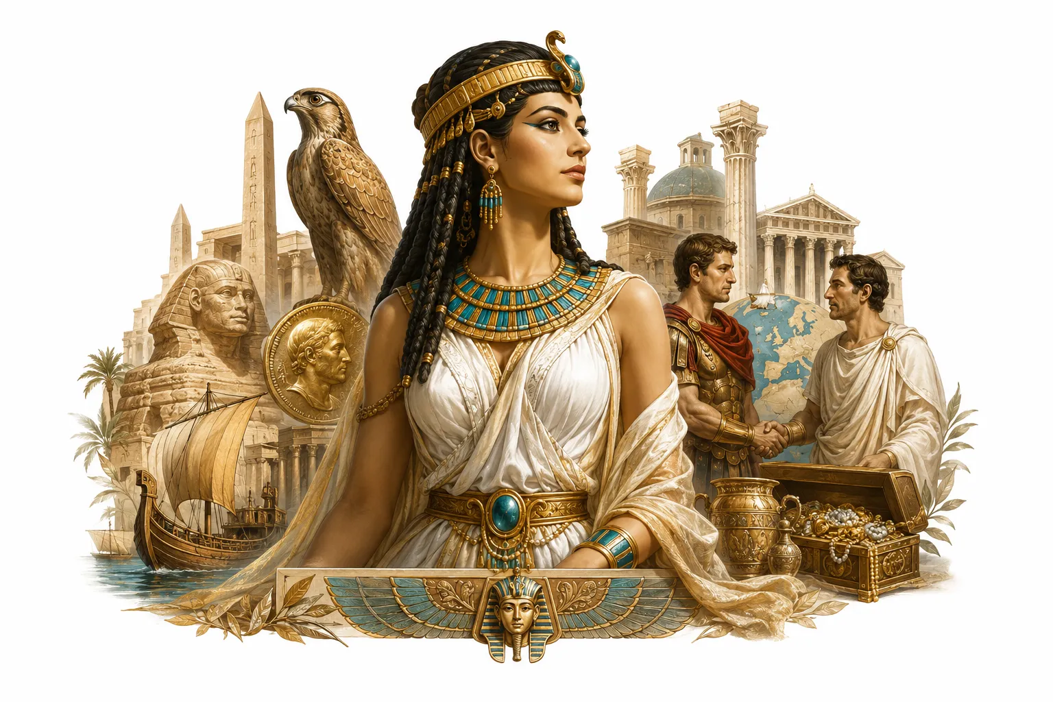 Editorial illustration of Cleopatra with Egyptian symbols and Roman soldiers