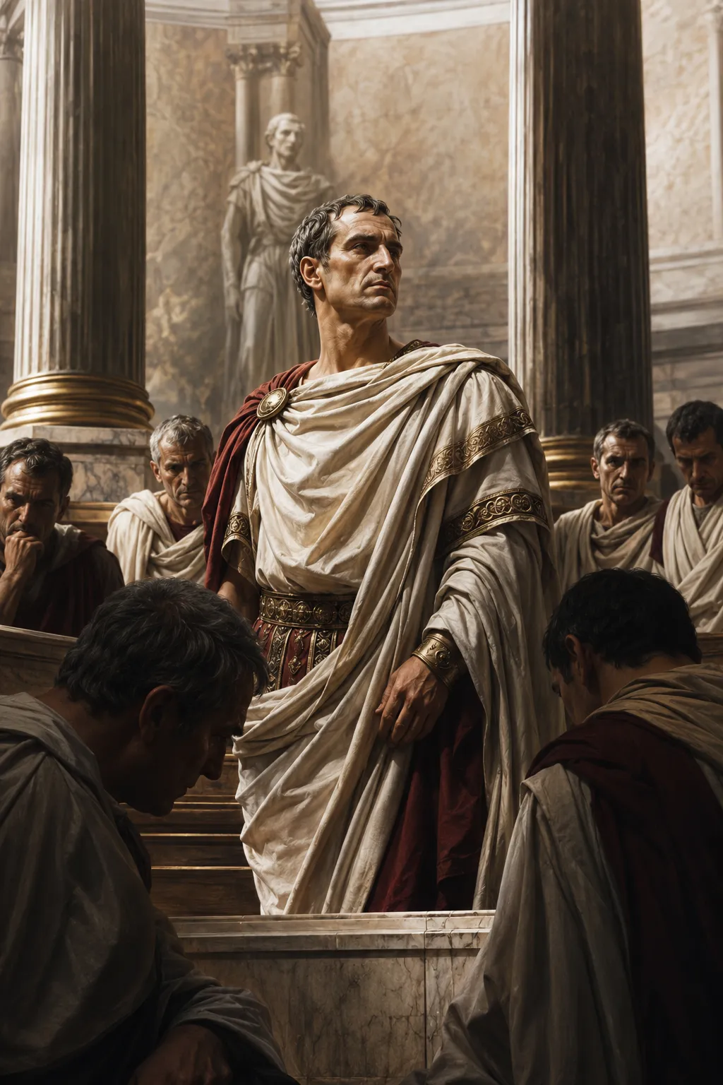 Editorial illustration of Julius Caesar being surrounded by senators with daggers