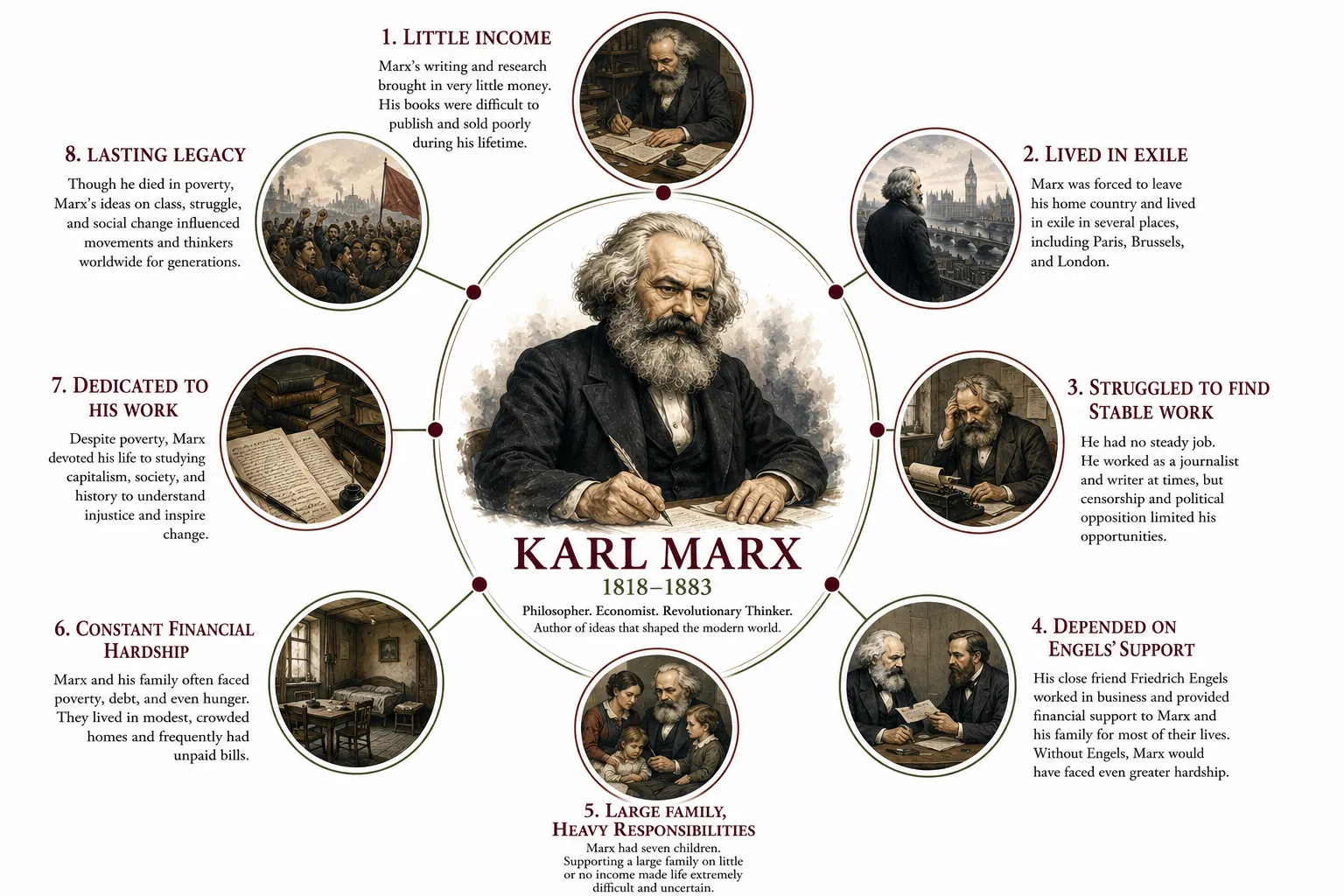 Timeline diagram showing Marx's financial struggles and reliance on Engels