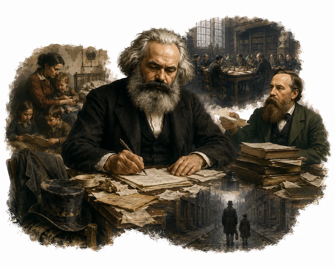 Editorial illustration of Karl Marx writing at a cluttered desk in a small room