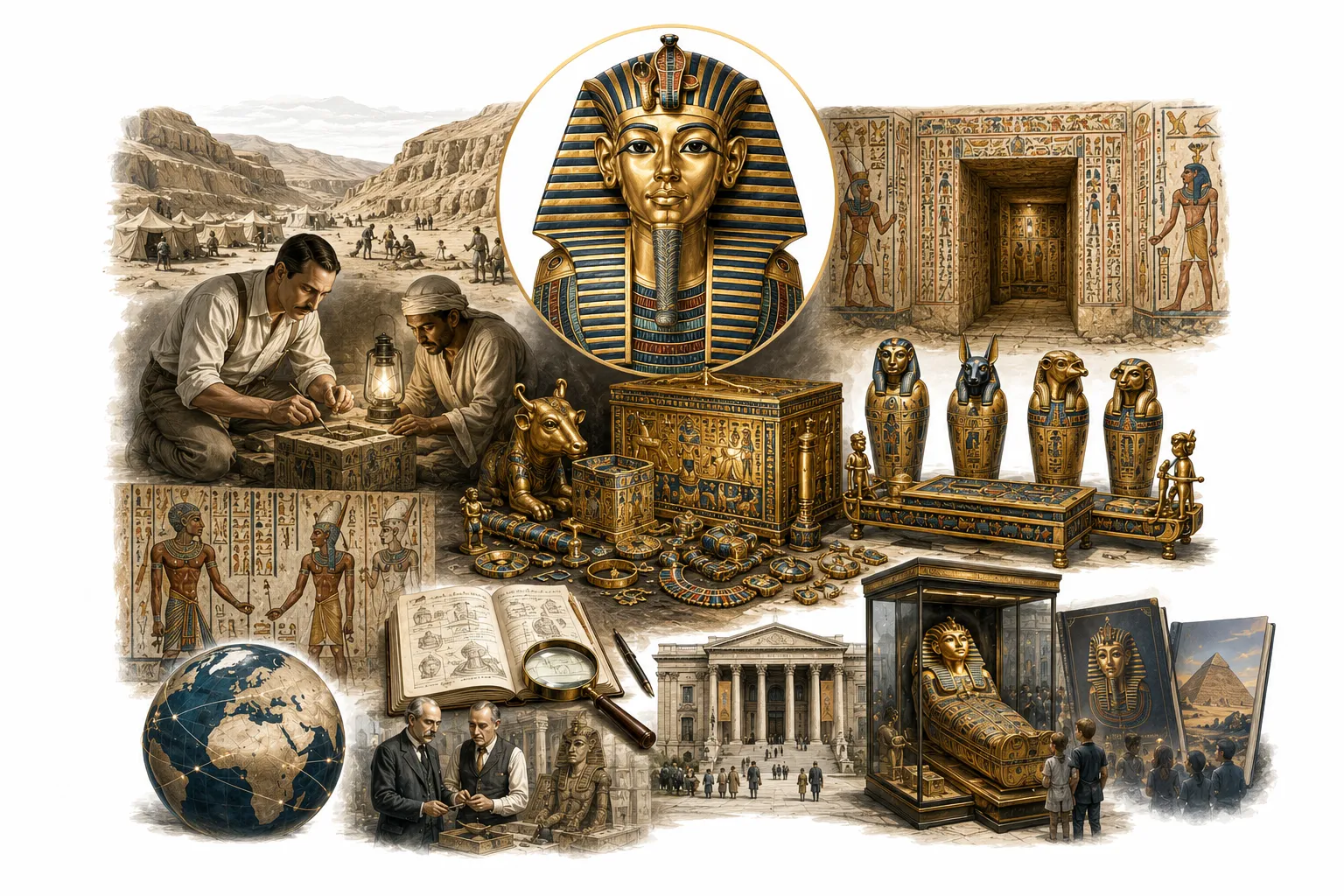 Editorial illustration of Howard Carter peering into King Tut's tomb