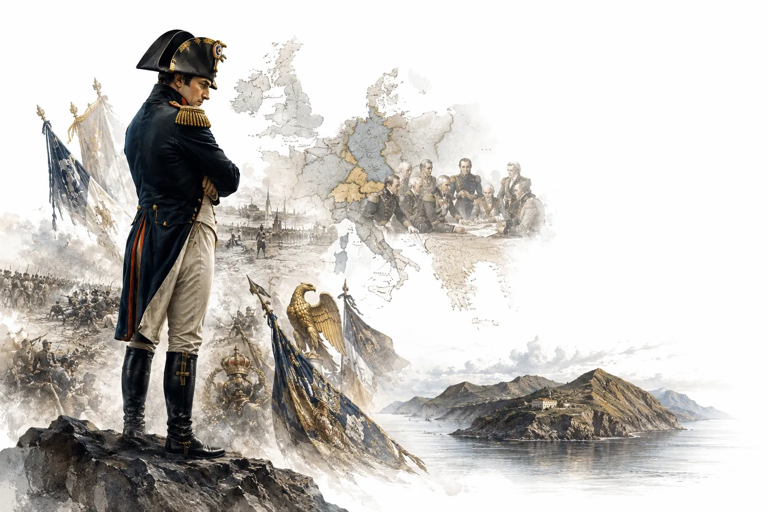 Editorial illustration of Napoleon on a rocky island looking out to sea
