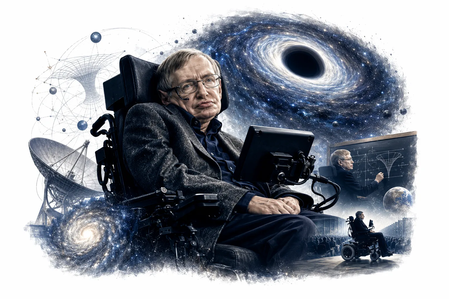 Editorial illustration of Stephen Hawking in his wheelchair in front of a black hole