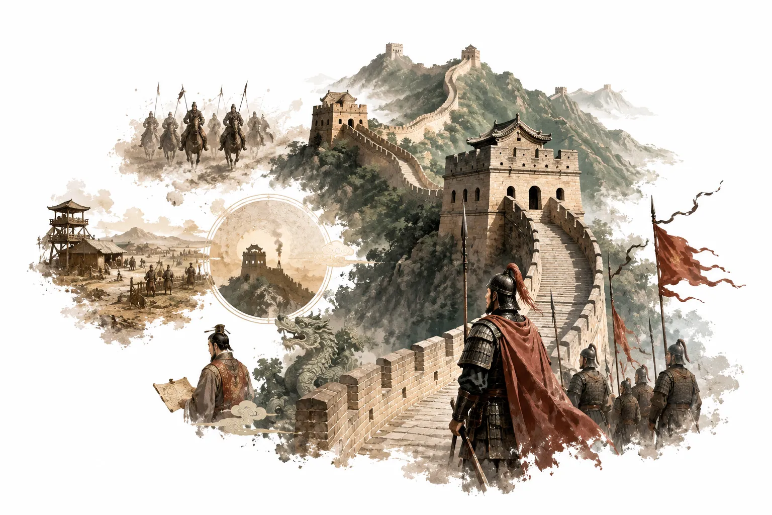 Editorial illustration of the Great Wall snaking across mountain ridges